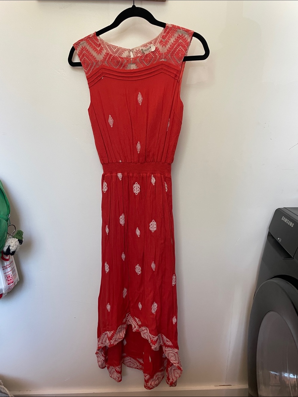 Chelsea & Violet Red-Orange Embroidered High-Low Maxi Dress